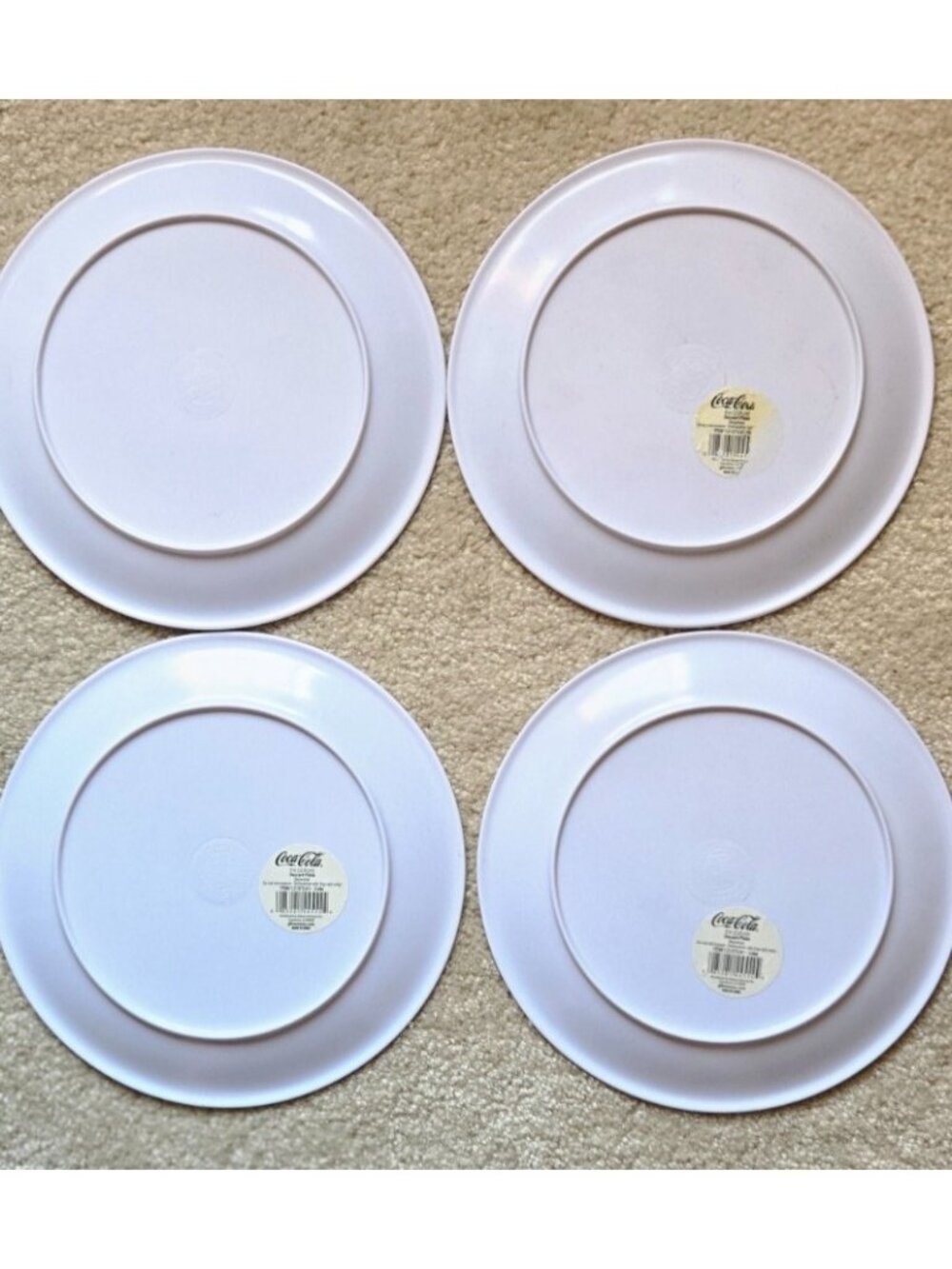 COCO COLA~ 9 in Round Melamine Dessert Plates Set of 4 ~ 7 Green Stripes on Rim - Picture 2 of 6